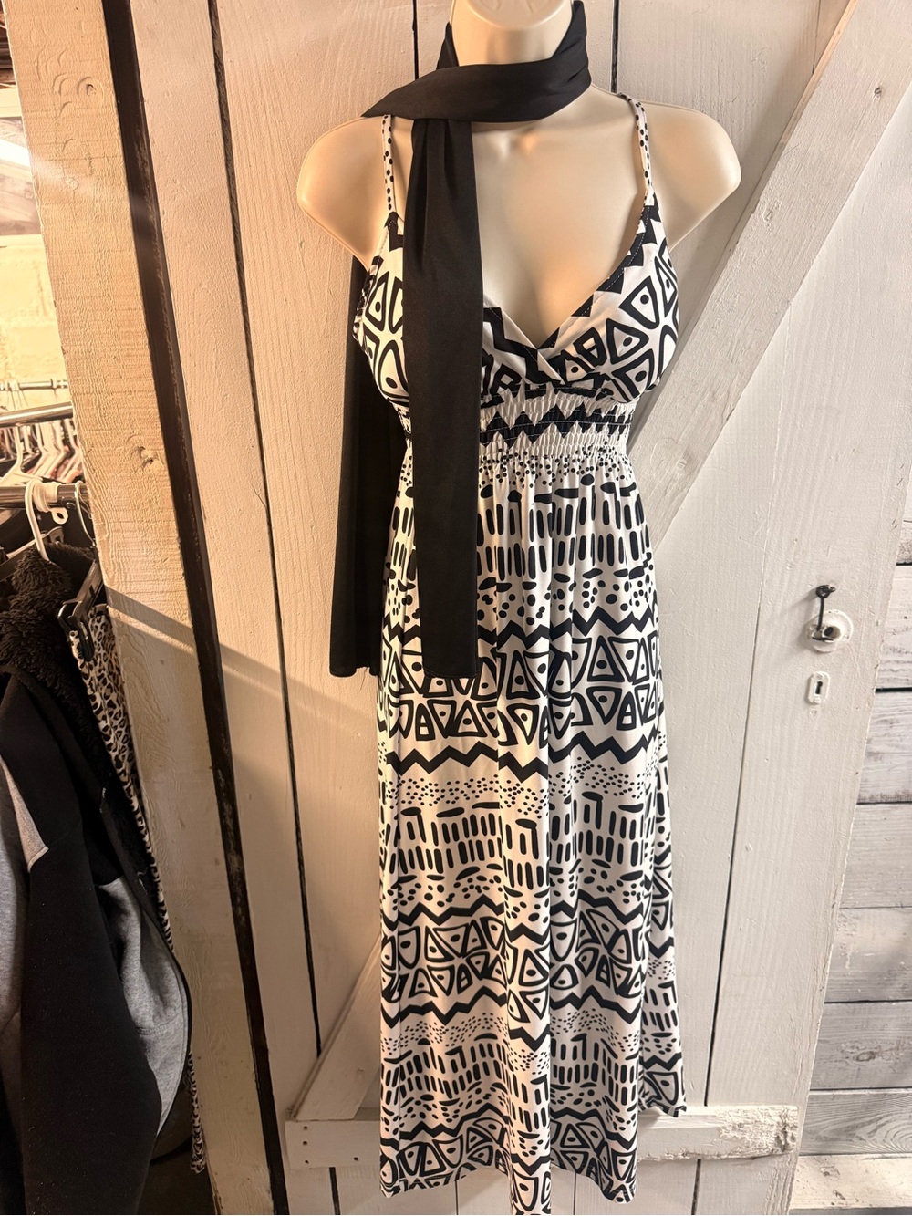 Black & White Geometric Maxi Dress with Spaghetti Straps